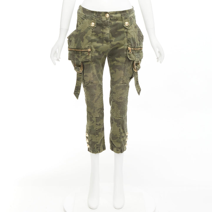 BALMAIN green camo cotton gold hardware mid waist cargo biker pants FR34 XS