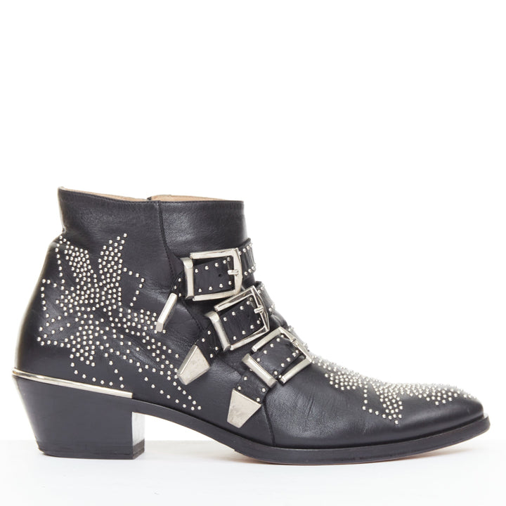 CHLOE Susanna black leather silver floral studded buckle grunge boots EU39.5