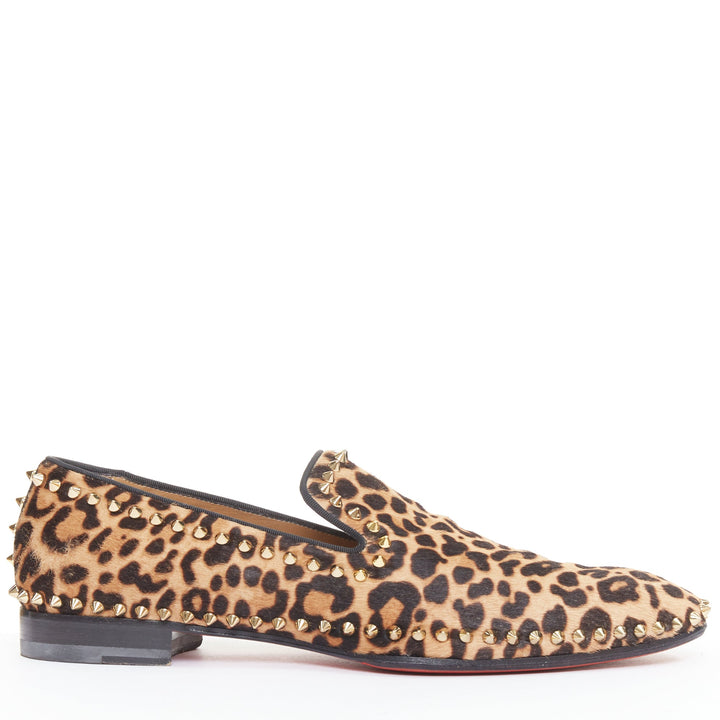CHRISTIAN LOUBOUTIN brown leopard print ponyhair gold spike stud loafers EU43