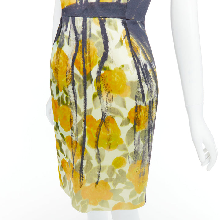 LANVIN Les 10 Ans yellow black cotton silk floral print dress FR36 S Emma Stone