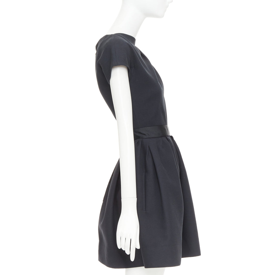 VICTORIA BECKHAM Dress N91 black cotton blend gathered crepe belted dress UK8 S