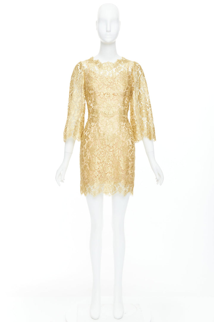 DOLCE GABBANA metallic gold laminated lace pink crystal buttons dress IT36 XXS