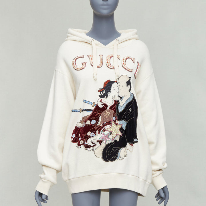 GUCCI Shunga Geisha Lover cream embroidery pearl embellished hoodie M