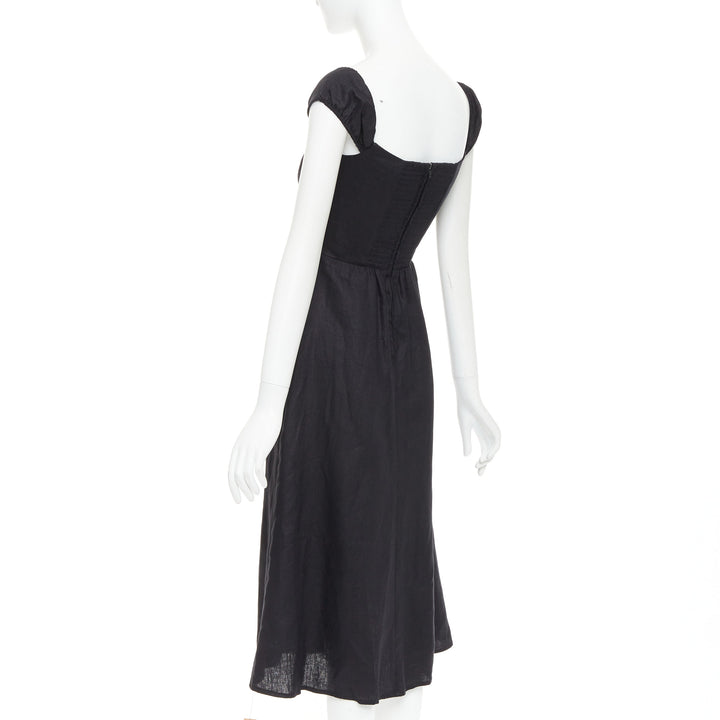 REFORMATION Bridgton black 100% linen cap sleeves sweetheart midi dress US2 S