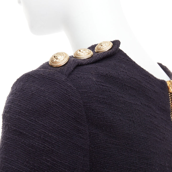 BALMAIN black cotton tweed gold Lionhead button zip back top FR38 M