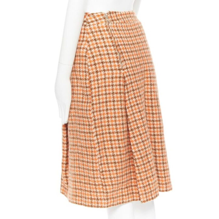 vintage CELINE 1980 orange check wool pleat skirt leather horsebit cuff FR44 XXL