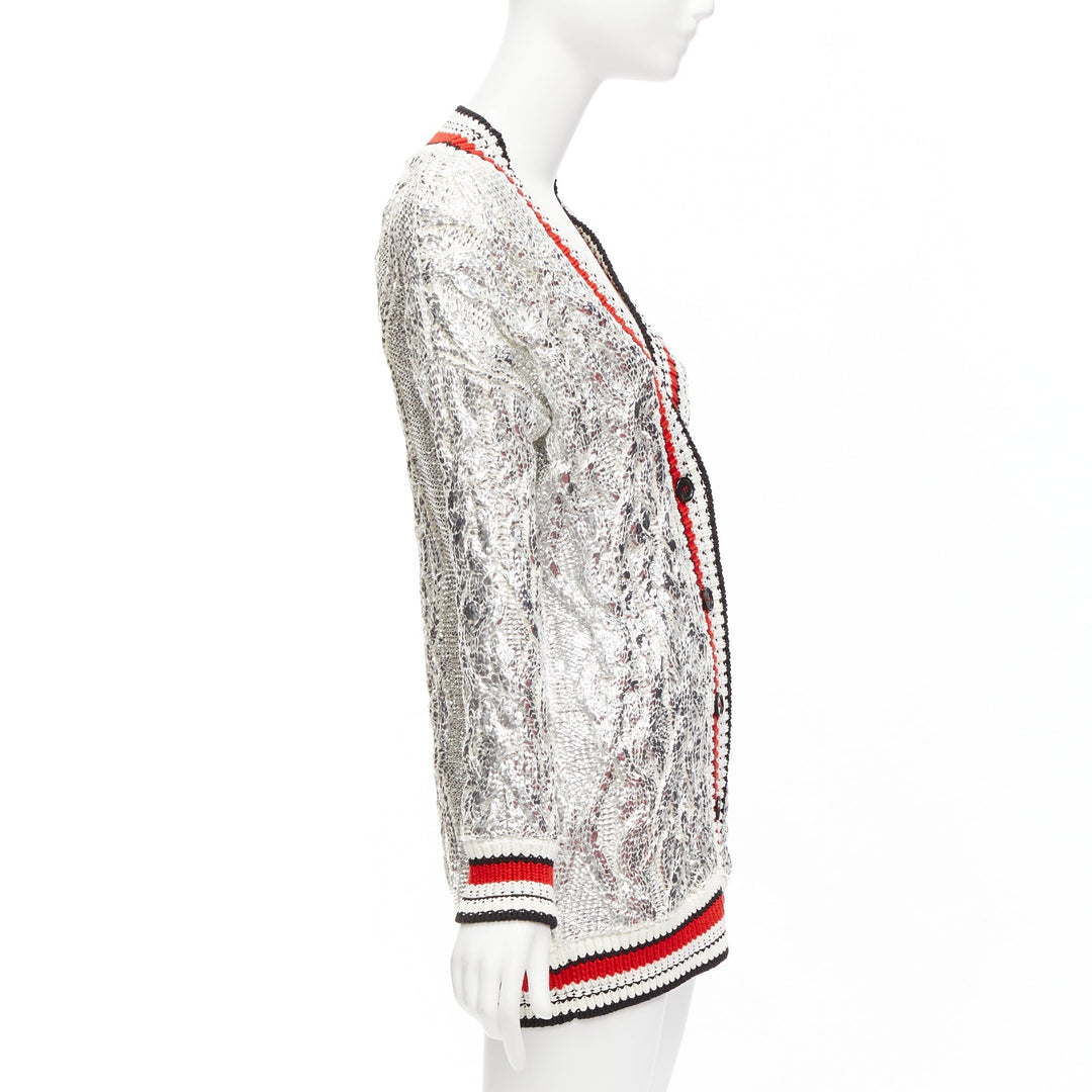 ERMANNO SCERVINO Over Sweatshirt silver laminated cotton cable knit cardigan S