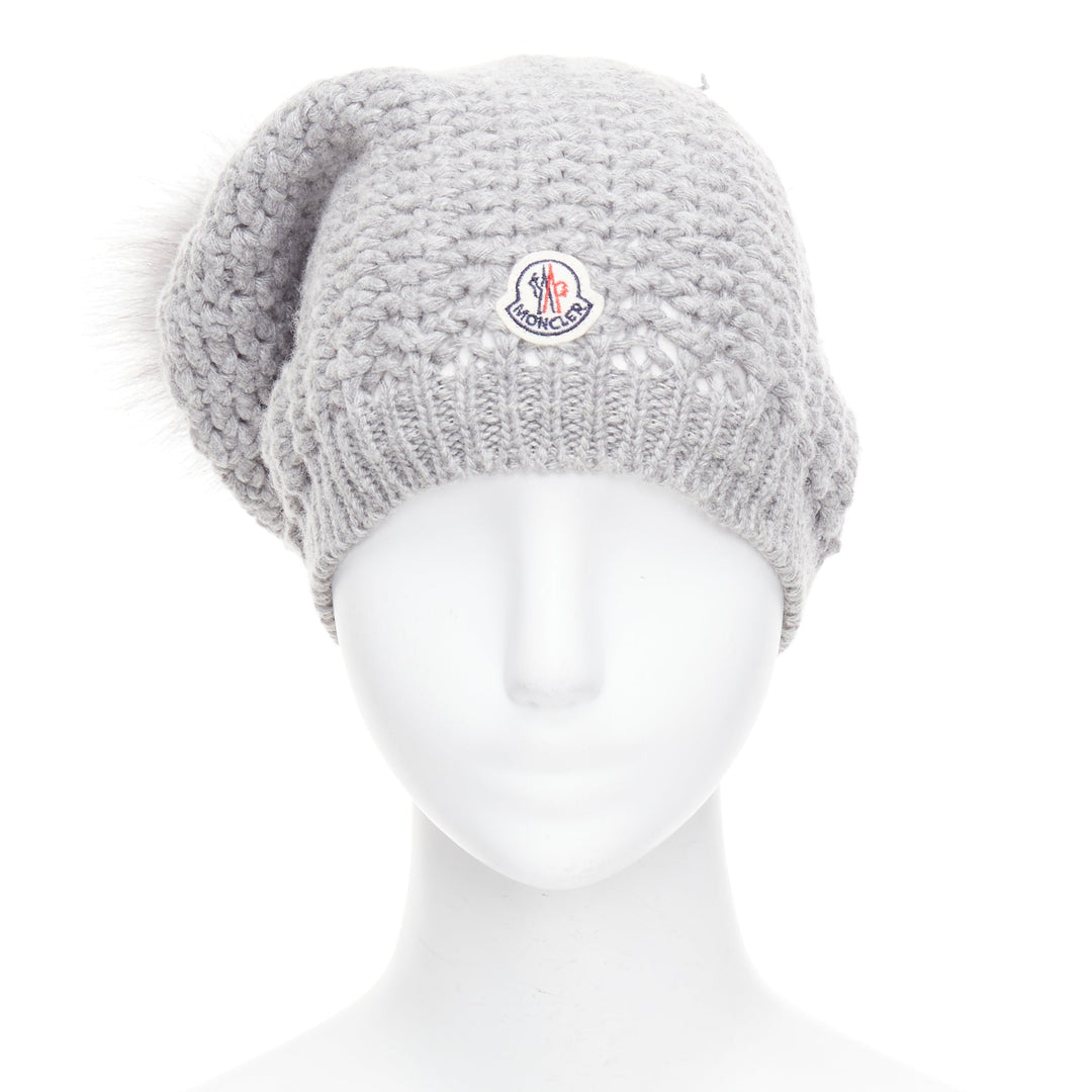 MONCLER grey fur pom pom cream logo heavy knit beanie hat