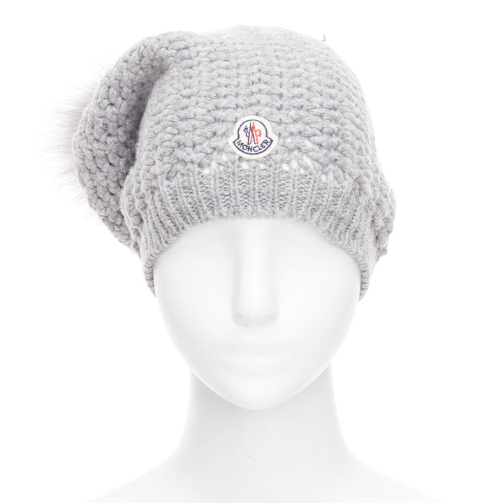 MONCLER grey fur pom pom cream logo heavy knit beanie hat