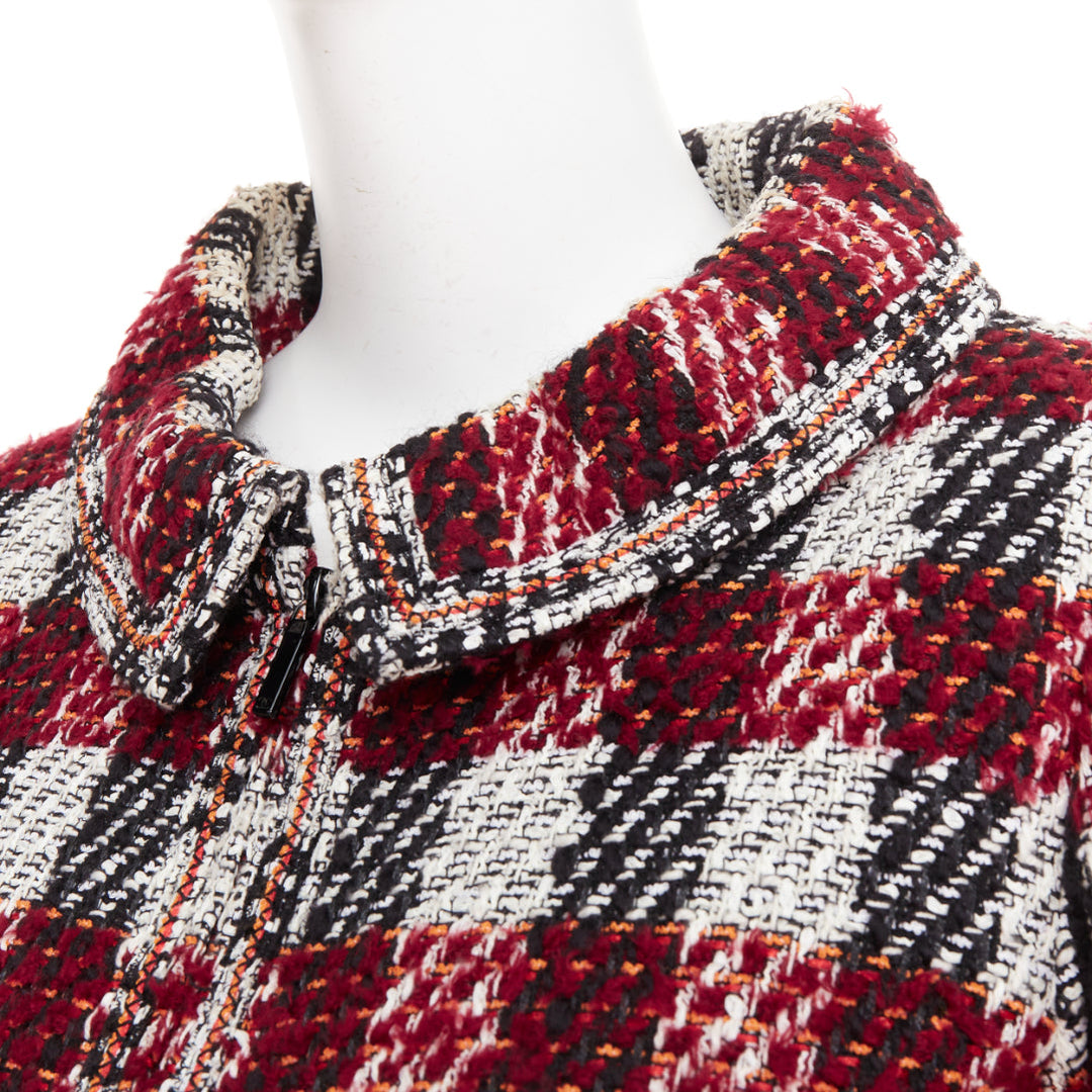 CHANEL 16A Runway burgundy checked tweed cropped zip-up jacket FR40 M