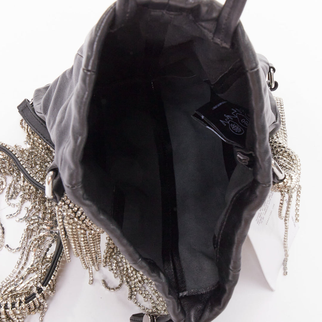 KARA black leather white logo strass fringe crystal mini backpack bag