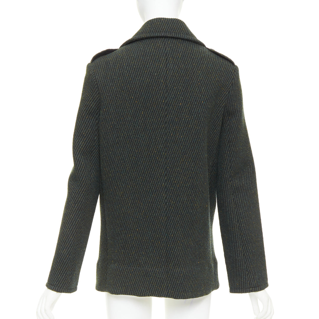CHRISTIAN DIOR green virgin wool ribbed knit double breasted pea coat FR36 S