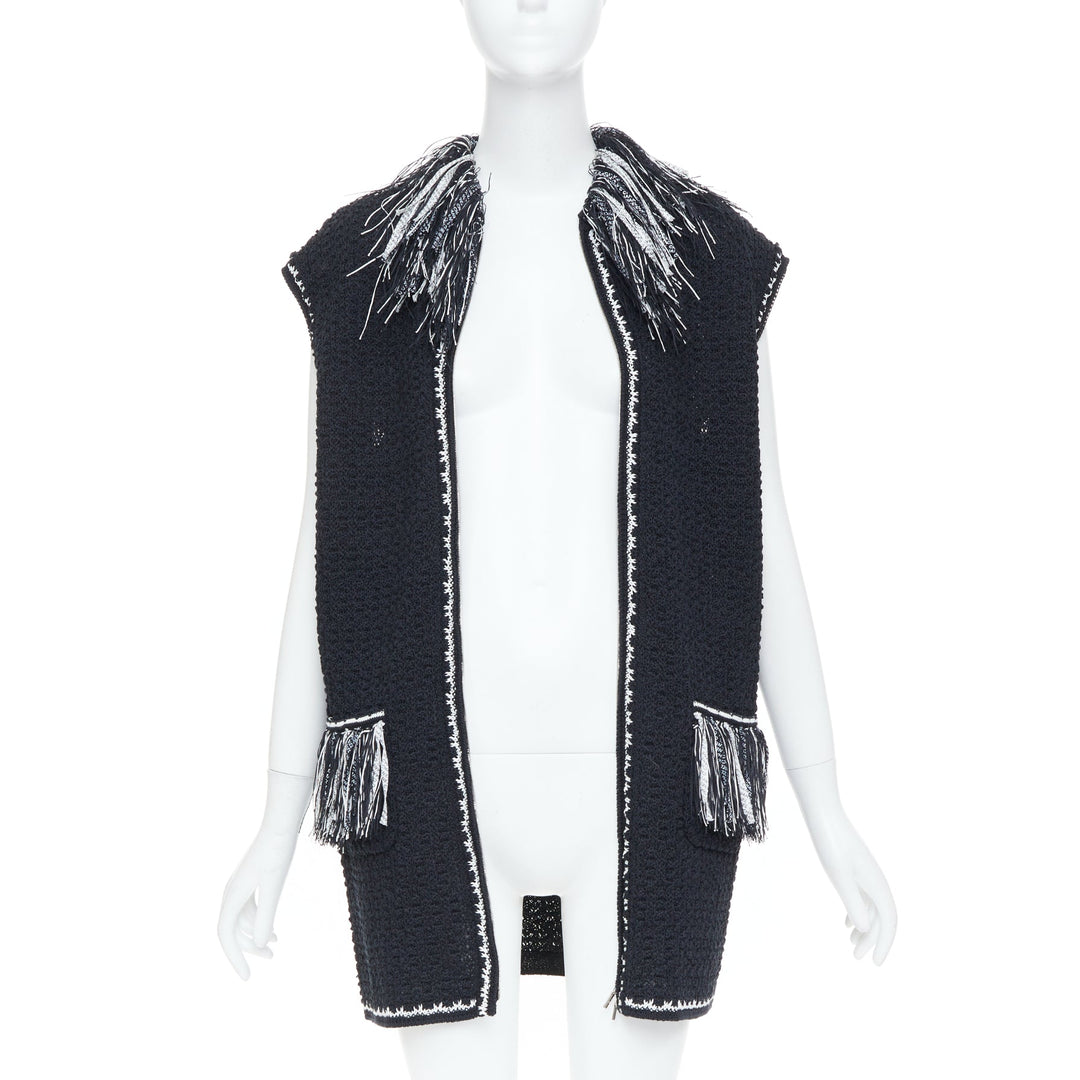 CHANEL 17P Runway ribbon trim fringe tweed sleeveless gilet vest jacket FR38 M