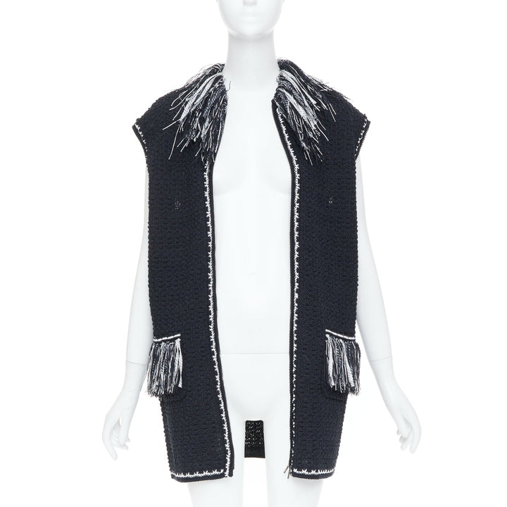 CHANEL 17P Runway ribbon trim fringe tweed sleeveless gilet vest jacket FR38 M