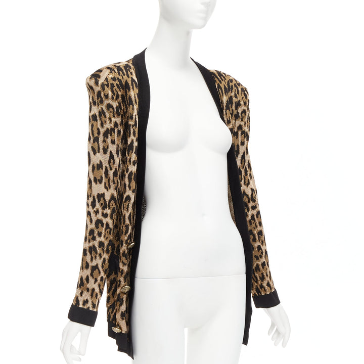 BALMAIN brown leopard jacquard power shoulder gold buttons cardigan FR38 M