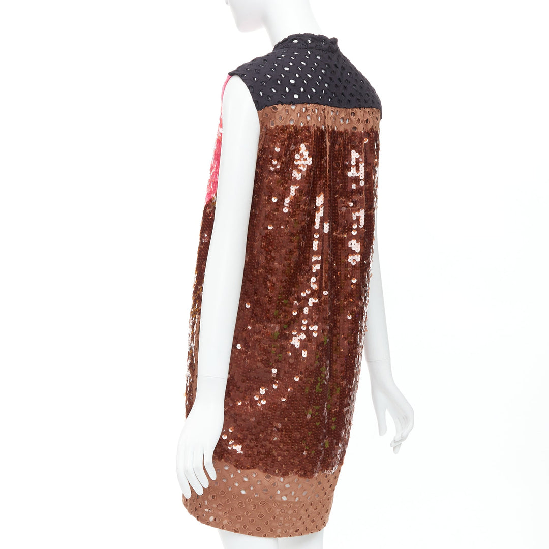 rare LOUIS VUITTON pink brown colorblock sequin embroidery anglais dress FR34 XS