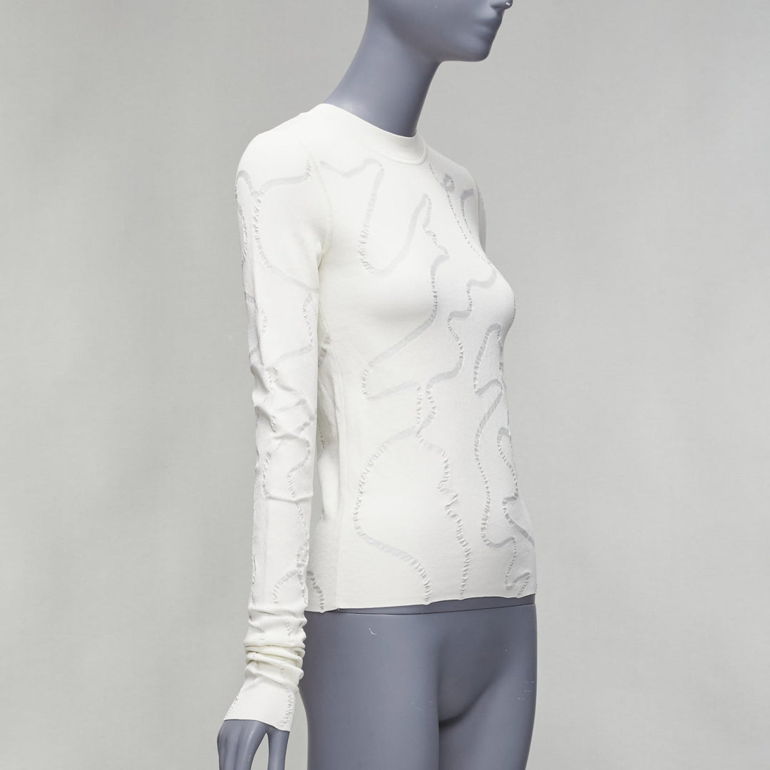 HELMUT LANG cream wiggly line motive jacquard long sleeve sweater S