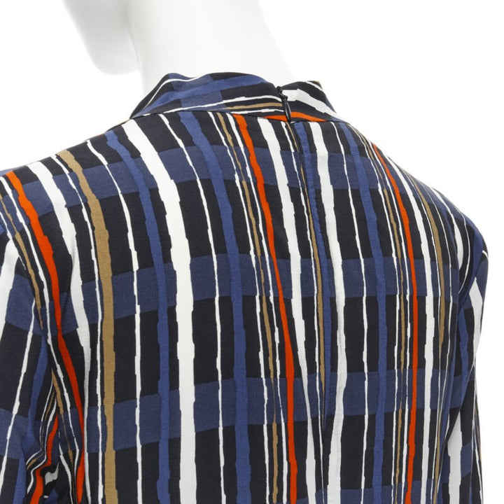 MARNI navy blue stripe print silk wide cuff collarless blouse top IT40 S