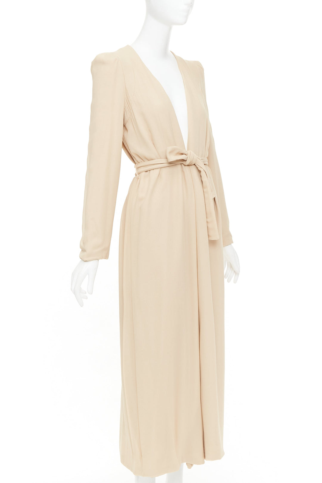 RYAN ROCHE beige double layer silk georgette V neck tie belted coat US4 S