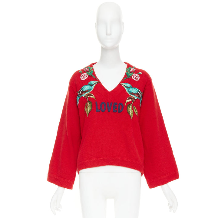 GUCCI 2017 Runway red wool Loved Bird floral embroidered  red wool sweater S