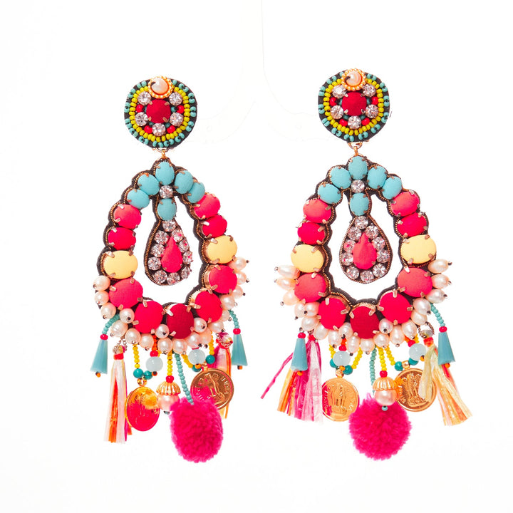 RANJANA KHAN neon orange crystal beads multi dangling clip on earrings