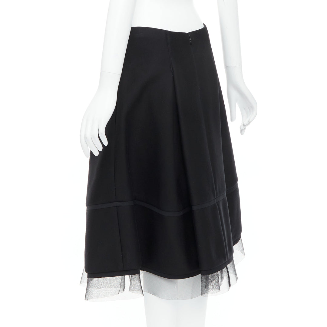 DONNA KARAN black scuba pleated tulle mesh trim A-line skirt FR40 L