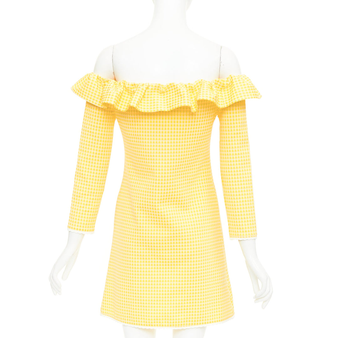 MIU MIU 2019 yellow white gingham check ruffle off shoulder mini dress M