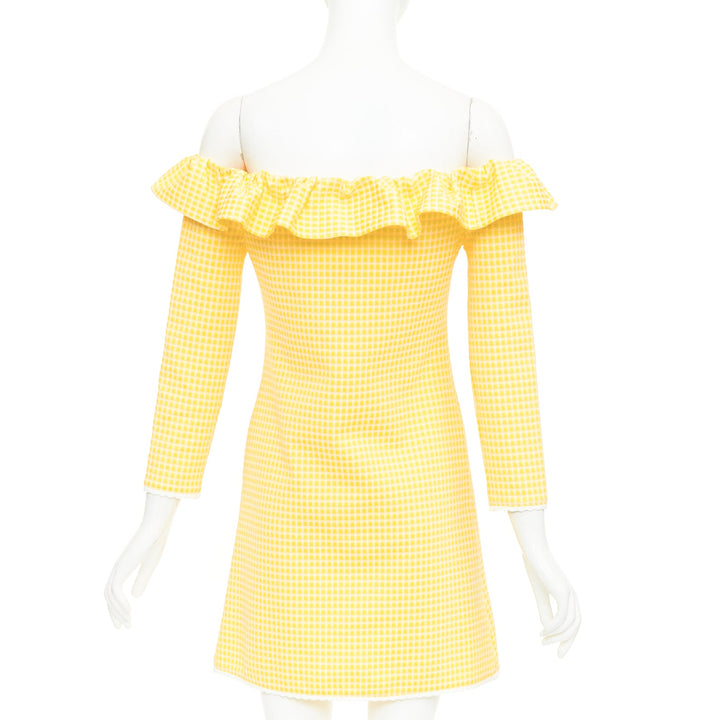MIU MIU 2019 yellow white gingham check ruffle off shoulder mini dress M