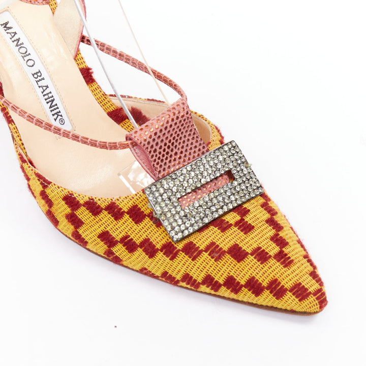 rare MANOLO BLAHNIK Vintage red yellow scaled crystal buckle slingback pump EU37