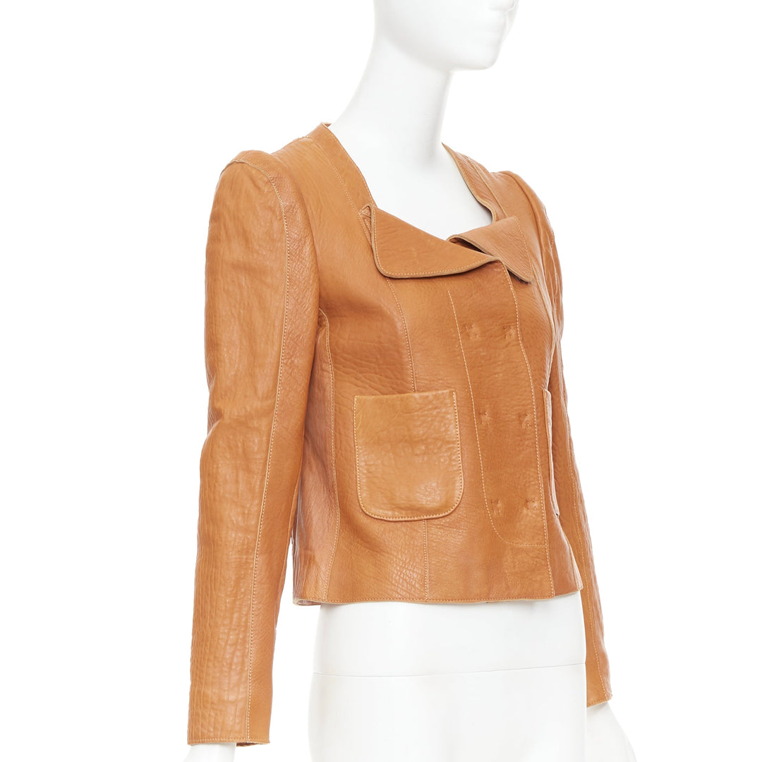 CARVEN 2011 tan brown pebble textured leather square neck crop jacket FR38 M