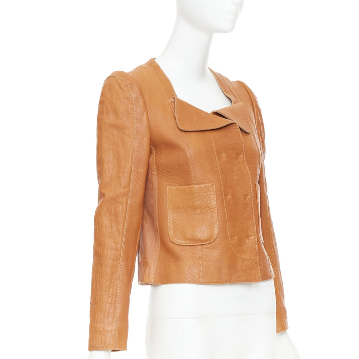 CARVEN 2011 tan brown pebble textured leather square neck crop jacket FR38 M