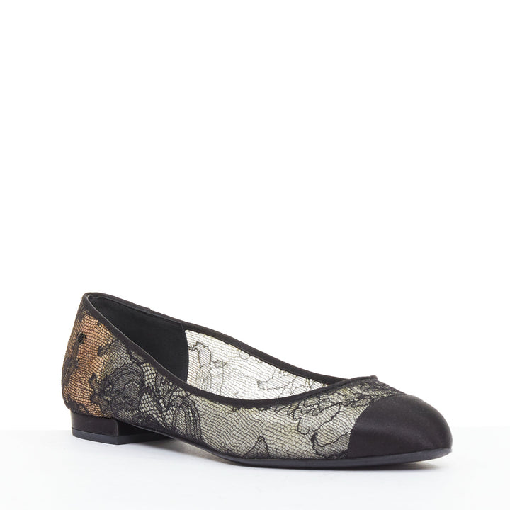 CHANEL black CC logo floral lace satin toe cap nude underlay ballet flats EU37