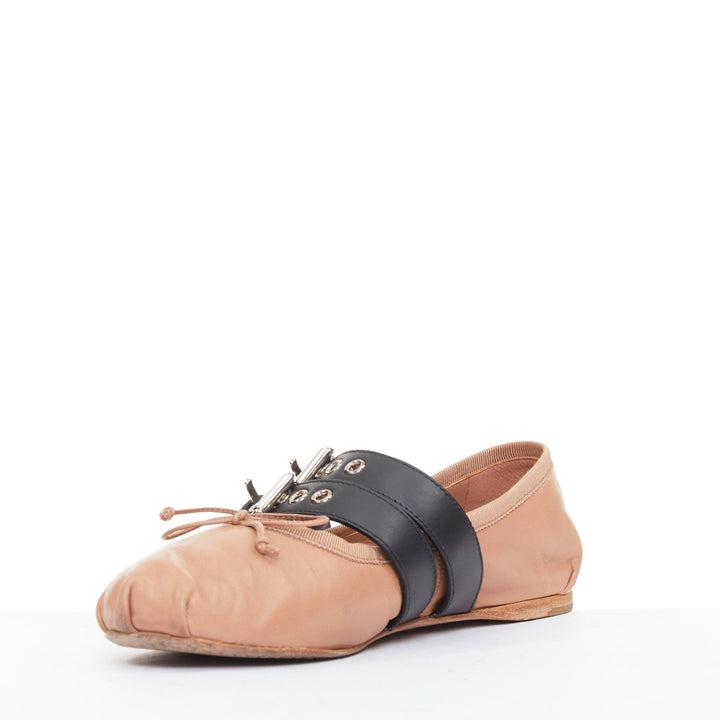MIU MIU beige leather double black buckle punk strap ballet flats EU37.5