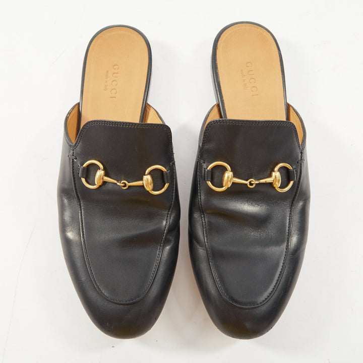 GUCCI Princetown black leather horsebit backless classic loafer mules EU37