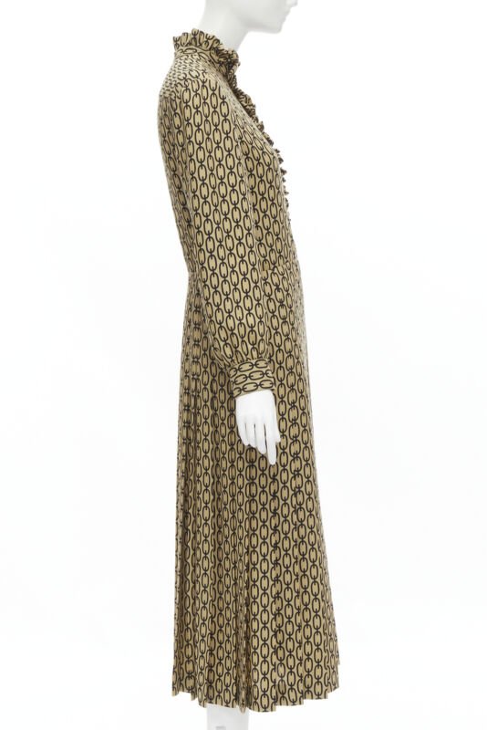 CELINE Hedi Slimane Triomphe chain wool frill collar pleated dress FR38 S