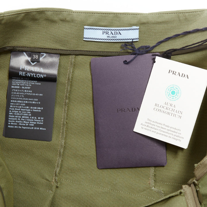 PRADA 2023 khaki green nylon canvas triangle logo plate pleat mini skirt IT38 XS
