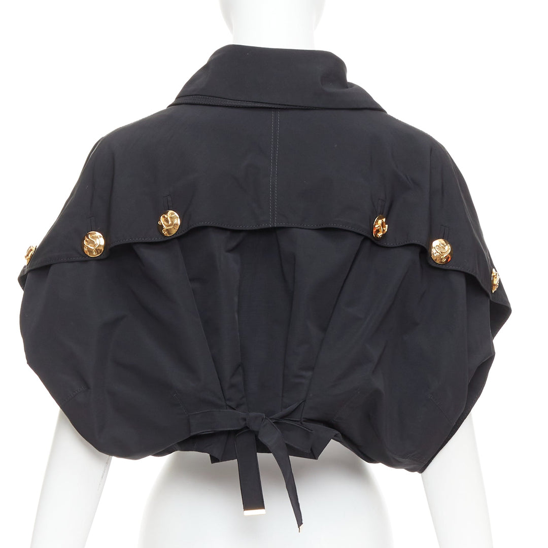 LOUIS VUITTON black georgette gold italic LV buttons cropped jacket FR34 XS