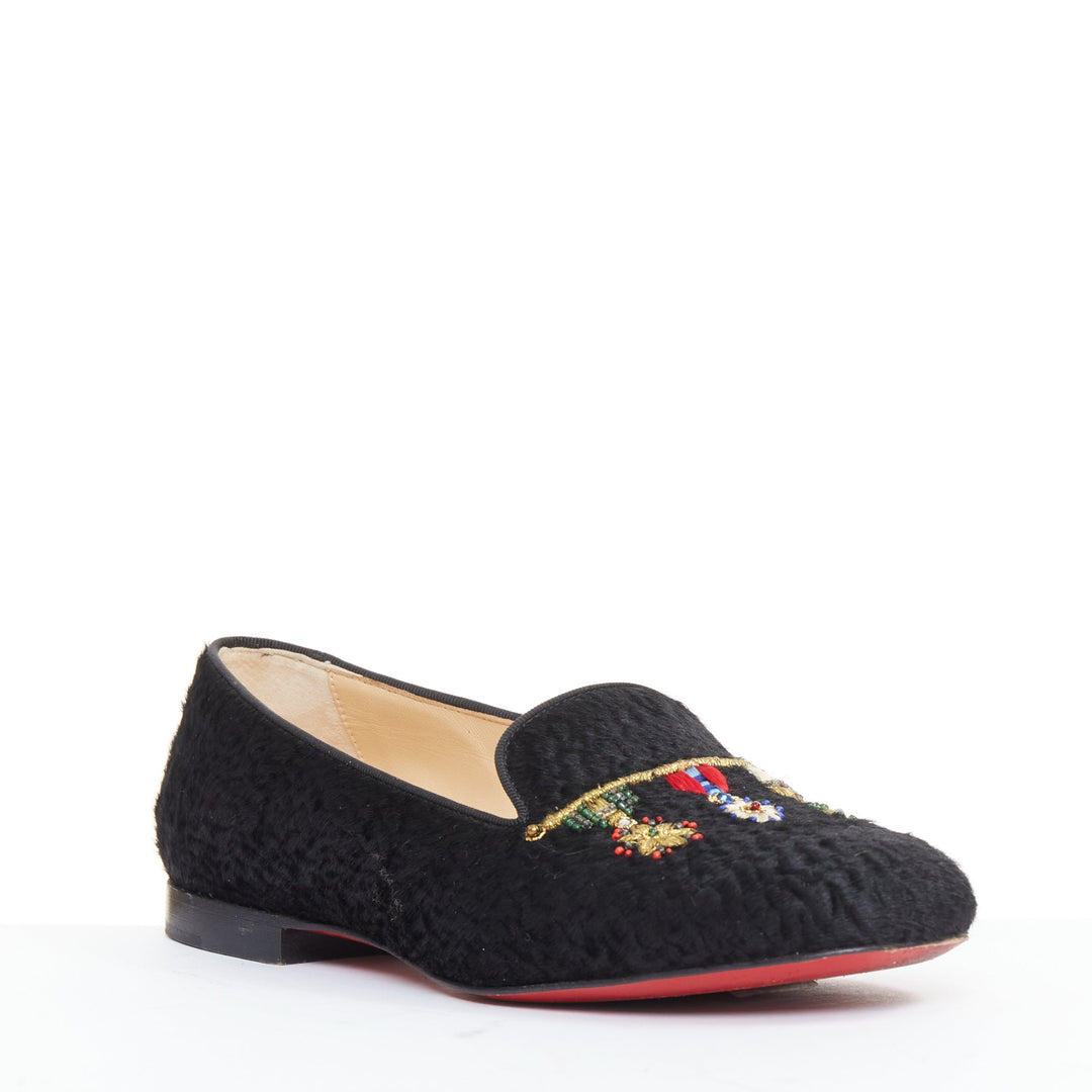 CHRISTIAN LOUBOUTIN Dictateur persian lamb fur Medallion embroidered flats EU37
