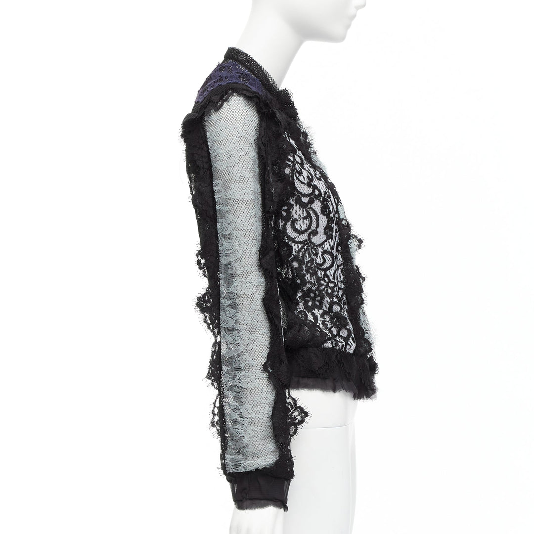 LANVIN blue black intricate lace panels sheer long sleeve jacket FR34 XS