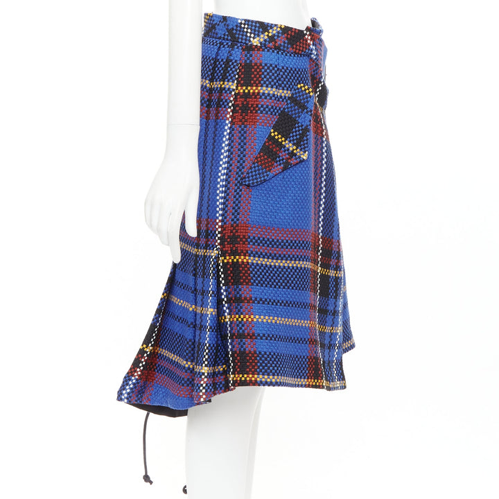 SACAI 2017 blue plaid check cotton blend leather buckle wrap kilt skirt JP2 M