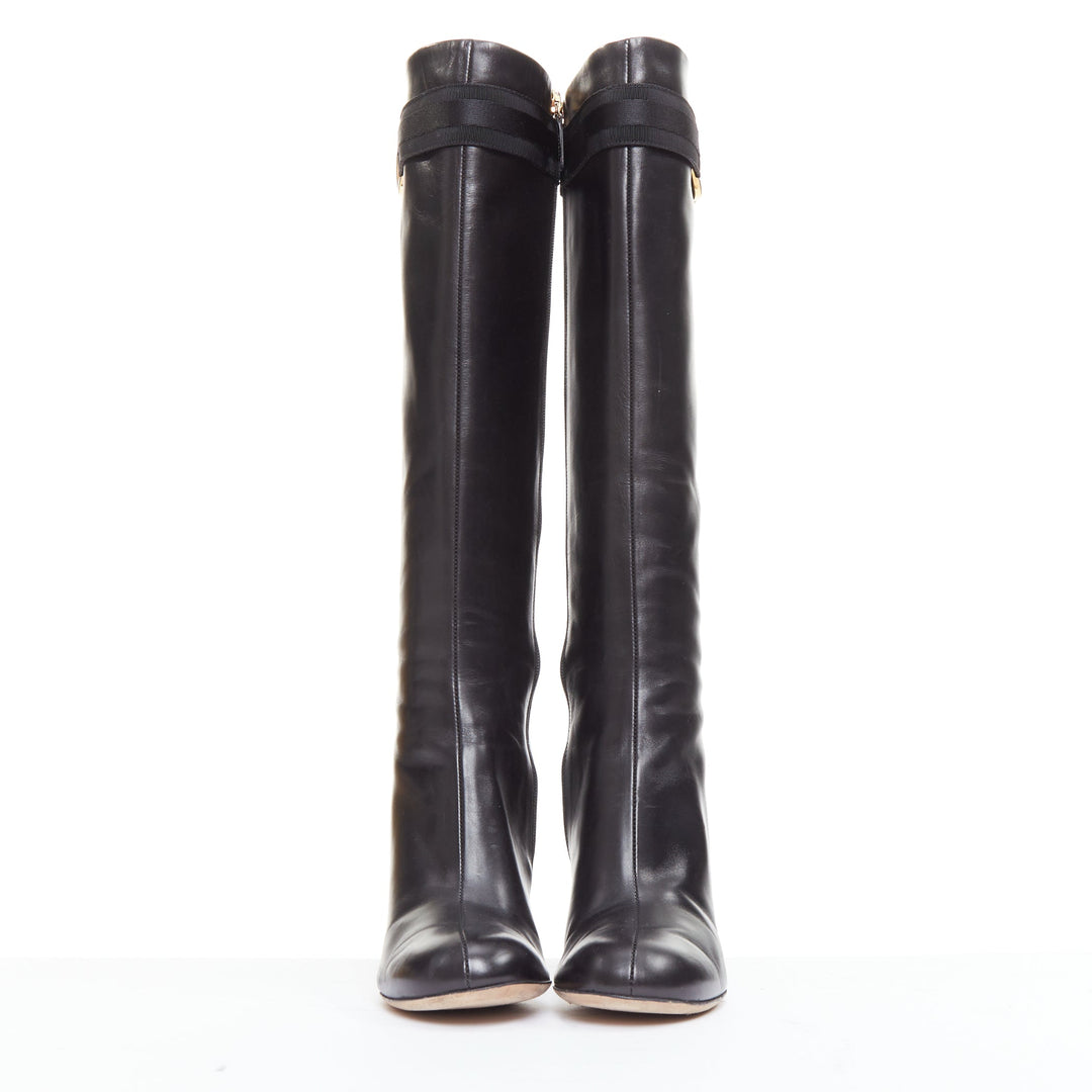 GUCCI GG Britt black leather gold GG web buckle high heel tall boots EU35.5