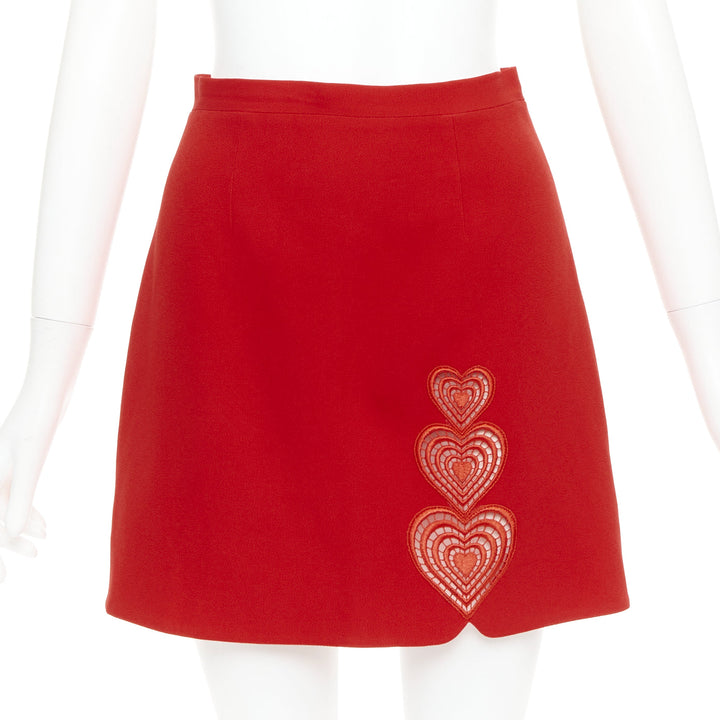 CHRISTOPHER KANE red heart embroidered cut out side A-line skirt UK8 S