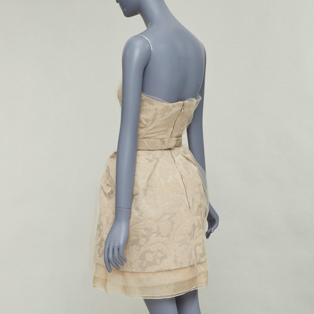 DOLCE GABBANA 2008 Runway beige barocco jacquard tulle strapless belted dress