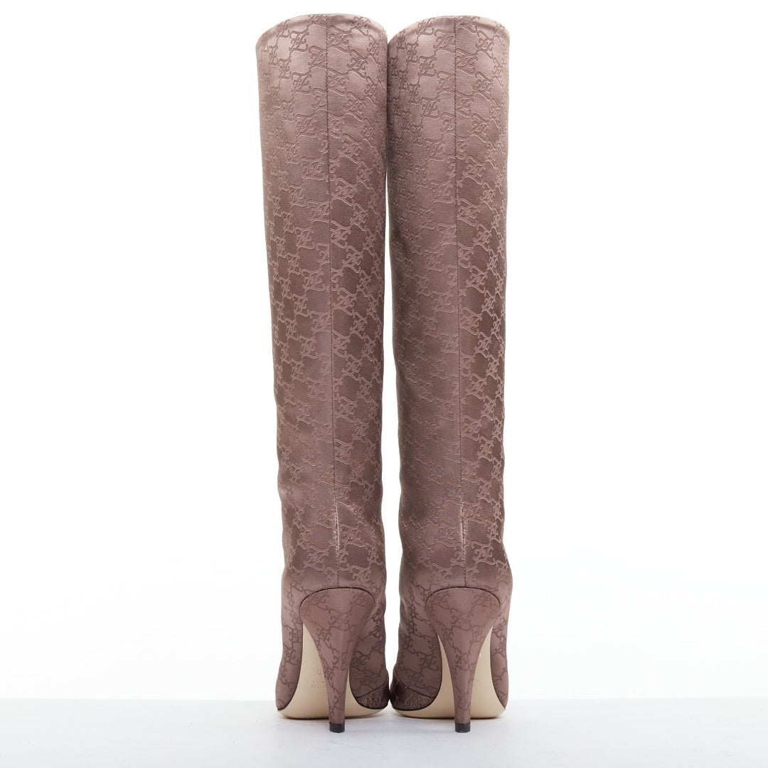 FENDI FF Karligraphy brown satin monogram knee high boots EU35