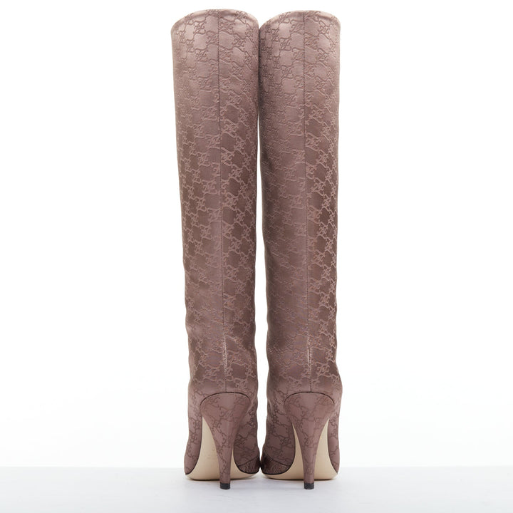 FENDI FF Karligraphy brown satin monogram knee high boots EU35