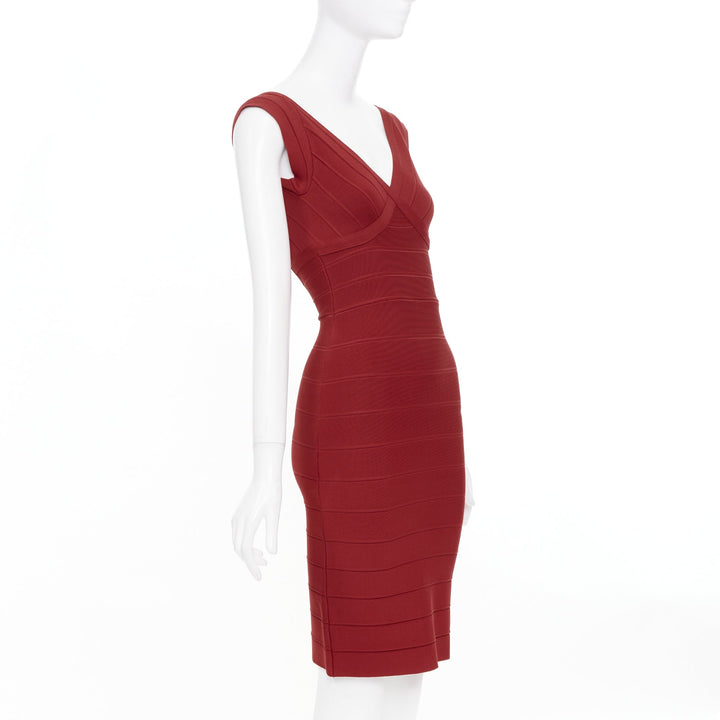 HERVE LEGER Karima Essentials red panel v neck stretch knit outerwear dress XS