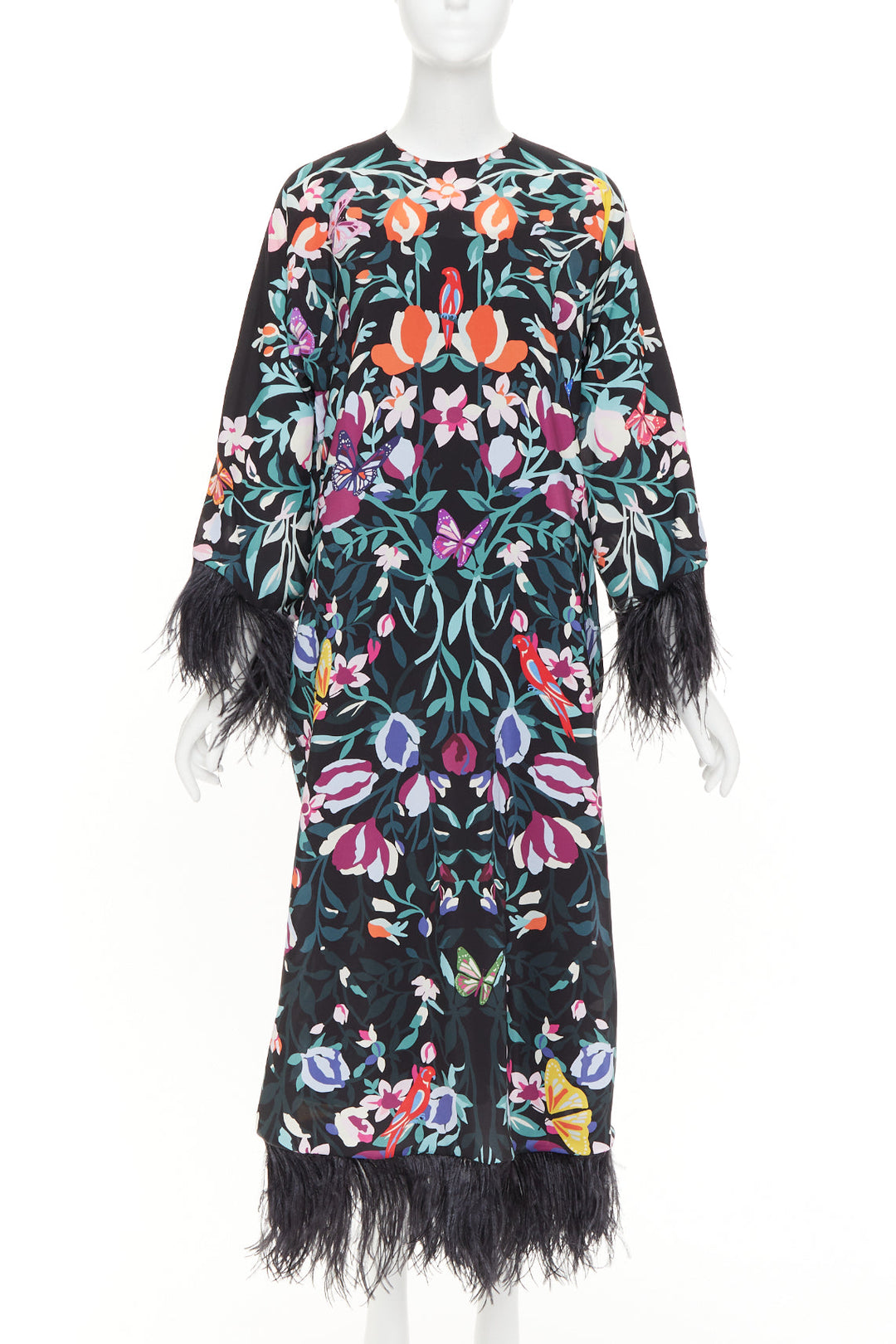 VALENTINO 2021 Runway black floral butterflies feather cuff maxi dress IT40 S