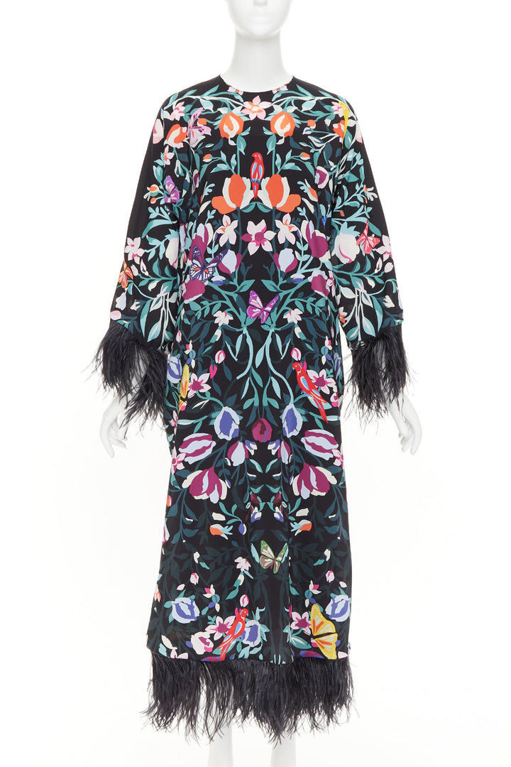 VALENTINO 2021 Runway black floral butterflies feather cuff maxi dress IT40 S
