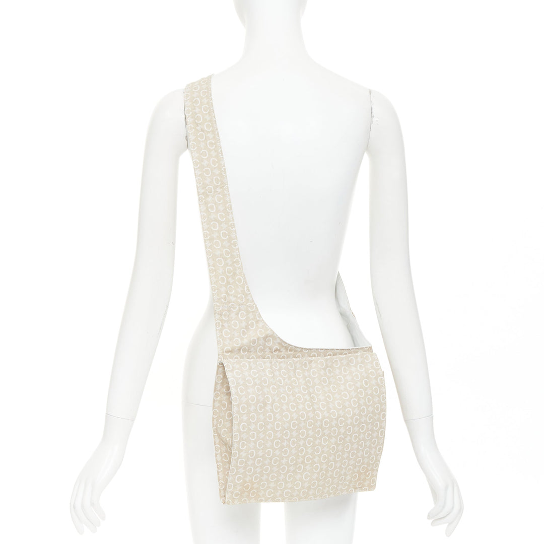 CELINE Vintage beige fabric Triomphe monogram white leather crossbody bag