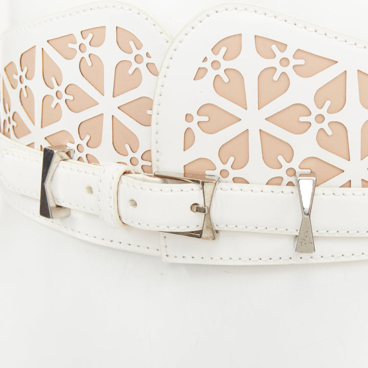 ALEXANDER MCQUEEN white laser cut leather floral silhouette waist belt 65cm